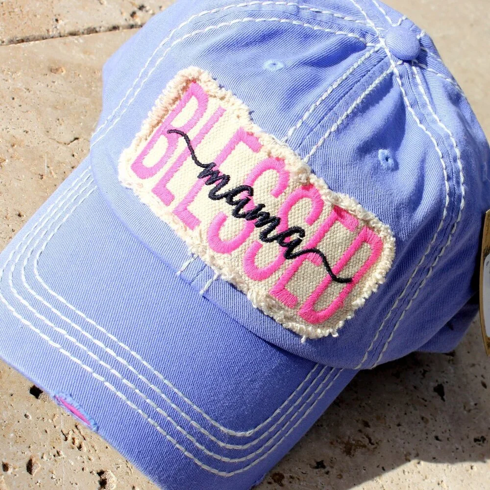 Womens BLESSED Mama Pink Vintage Ballcap Baseball Cap Hat in Distressed Purple